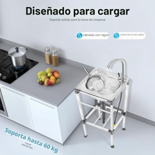 Fregadero de cocina portátil en acero inoxidable con sistema de drenaje eficaz y grifo móvil 3