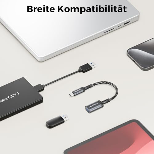 deleyCON 2X USB C auf USB Adapter 10 Gbps OTG Typ-C Stecker auf USB-A Buchse Kabel für iPhone 17/16/15 Air Pro Max, Galaxy S25/S24/S23, A56, A16, Tablet, MacBook, iMac, iPad, Notebook usw