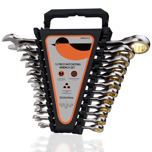 Image of SUZUME SAE Ratcheting Wrench Set 12-Piece (1 /4 inch-7 /8 inch) Chrome Vanadium Steel 15K+ Cycle Locked Gears Nickel Plated 72-Tooth 5 Swing with Organize for Bicycles Cars Motorcycle