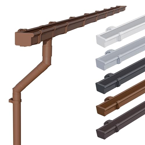 INEFA Set de canalón de PVC NW68 / 68 mm - canalón cuadrado 3 m marrón - kit de canalón con bajante PVC-U para caseta de jardín