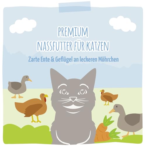 MjAMjAM - Premium Nassfutter für Katzen - Quetschie - zarte Ente & Geflügel an leckeren Möhrchen, 12er Pack (12 x 125 g), getreidefrei mit extra viel Fleisch