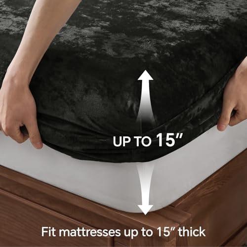 BEDELITE Velvet Fitted Sheet and Pillowcases Set, Luxury Soft Fuzzy Bottom Sheet with Reinforced Elastic Corner Straps, Deep Pocket up to 15 Inch, 1 Fitted Sheet and 2 Pillowcases (Cal King, Black)