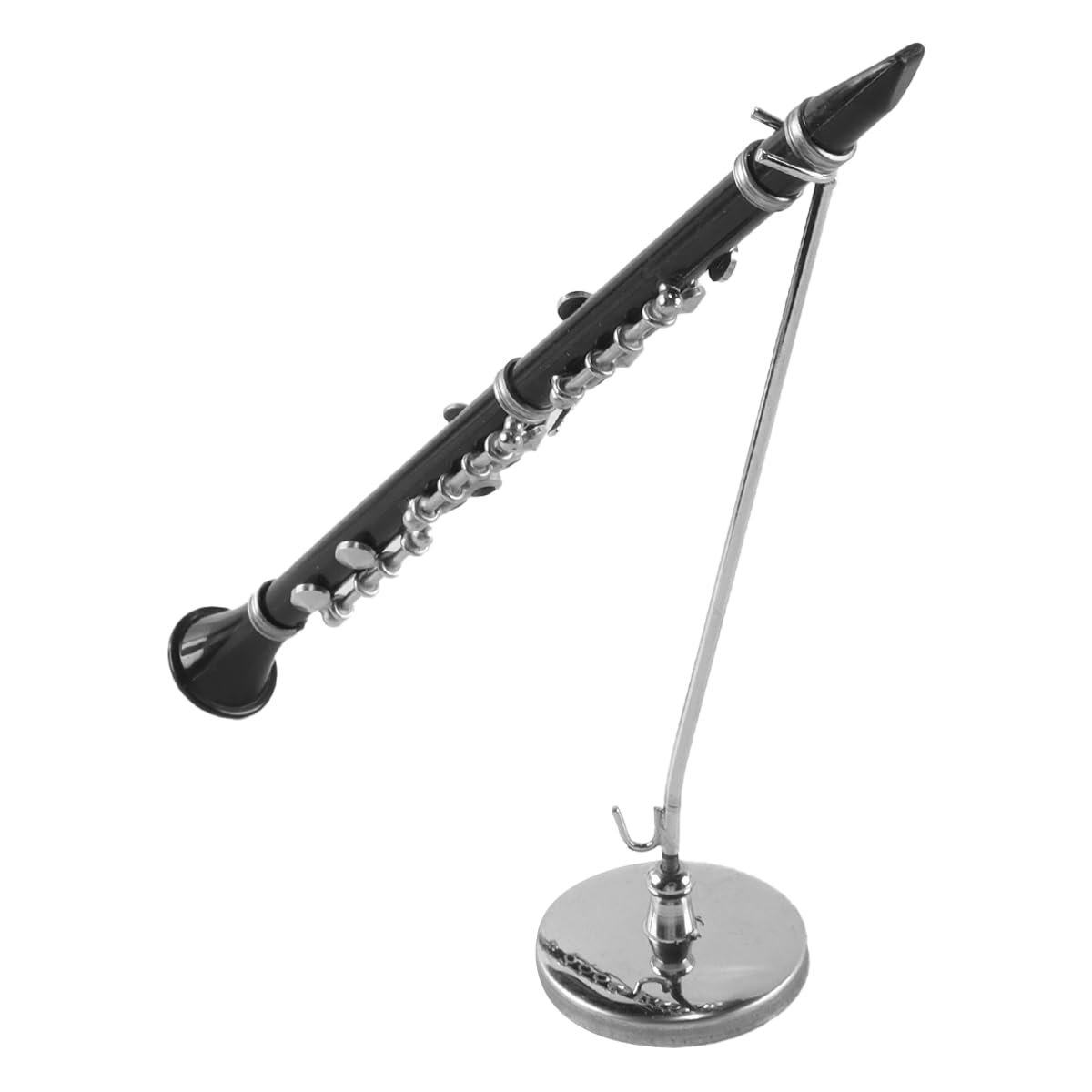 Spilla decorativa in vinile nero in metallo, modello di clarinetto basso in miniatura, 16 cm, scala 1/6, con custodia nera e supporto.