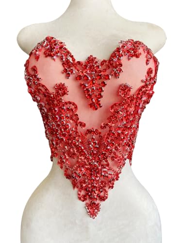 ESOSZNUA Handmade Rhinestones Beads Applique sew on Crystal Sequins lace Trim Patches Accessories for Dress Clothing Shiny Bead Decorative Material 15.7X15.9inches (Red)