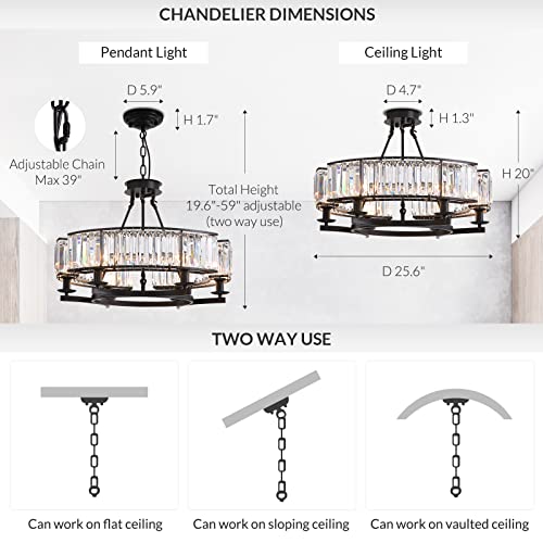 NOXARTE Round Crystal Chandelier Modern Industrial Dining Room Light Fixture Luxury Pendant Light for Farmhouse Living Room D26 Inch x H20 Inch - Image 4