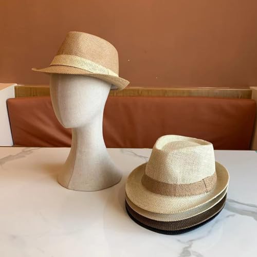 Image of SIQITECHNO Straw Fedora Sun Hat Straw Cowboy Hat for Women Men Classic Short Brim Fedora Trilby Roll Up Panama Jazz Beach Cap