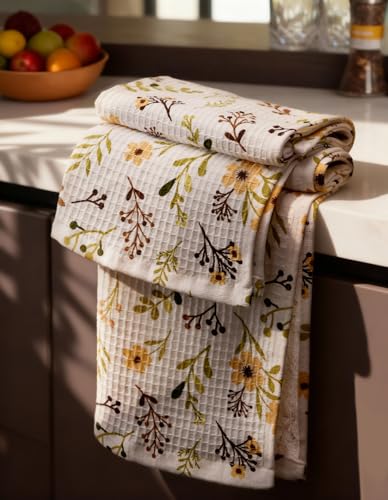 Miss Adola Cotton Waffle Kitchen Towels Cute 370 GSM 16x25 Inch Terry Cloth Waffle Decorative Dishcloth for Kitchen Set of 2 with Hanging Loop Absorbent Hand Tea Towel for Home Design Flower