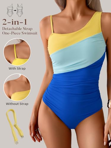 Image of Aidonger One Shoulder One Piece Swimsuit for Women Tummy Control Bathing Suits Color Block Ruched Swim Suit Slimming Swimwear