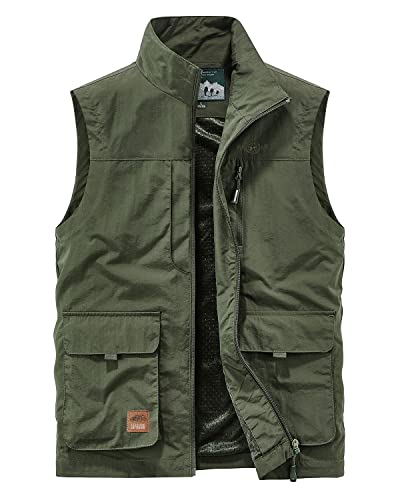 KTWOLEN Herren Outdoor Sport Weste Ärmellose Jacke Safari Weste mit Vielen Taschen Anglerweste Fotografie Sport Camping Jagd Wandern Freizeitweste, Grün, XL