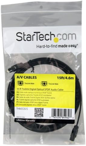 StarTech.com 15 ft Thin Toslink Digital Optical SPDIF Audio Cable - 15ft / 15 Feet Optical Audio Cable (THINTOS15),Black