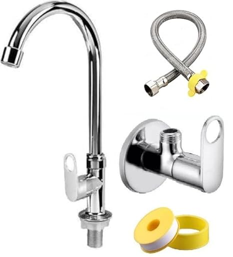 Senkiddpro Chrome Finish Swan Neck with Angle Wall & Connection Pipe for Sink/washbasin Trendy Design Water Saving Aerator Suitable for Washbasin,Sink,Bathroom &Kitchen Bib Tap