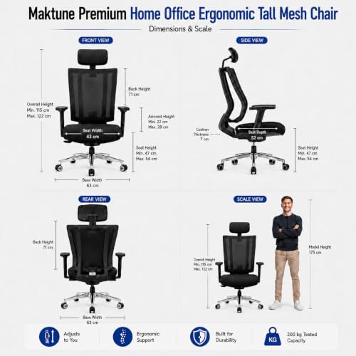 Image of MAKTUNE Flex High Back Ergonomic Office Chair for Work | Adaptive Dual-Frame Mesh Back, Auto-Weight 90-135 Recline, 3D Armrests, Adjustable Headrest, Aluminium Base, Tested 200 kg