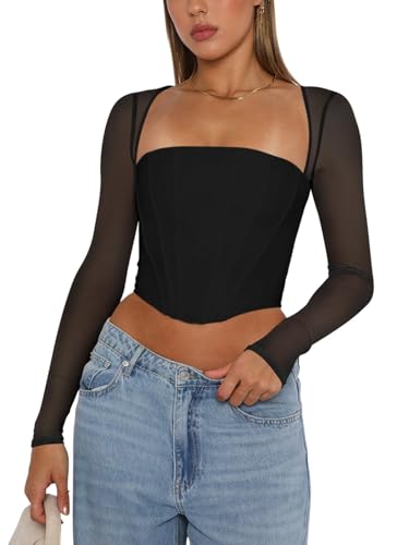 REORIA Women's Fall Sexy Trendy Mesh Long Sleeve Boned Square Neck Crop Tops Corset Slim Fit Going Out Busiter Tops Valentines Day Outfit (Black Small)