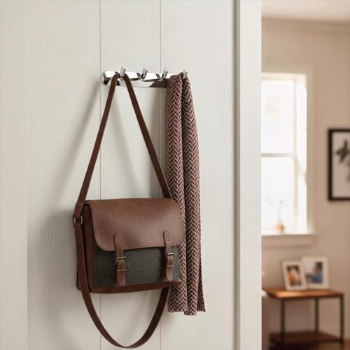 Image of SOSSI 4-Pin Cloth Hanger, Wall Mounted Hooks Rail with 4 Hooks for Bathroom, Key Holder, Cloth-Towel Hanger, Robe Hook (Pack of 3) (Chrome)
