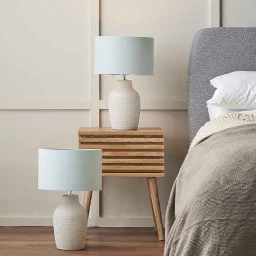Pacific Lifestyle Duo of Kai Duck Egg Textured Ceramic Table Lamp | Set of 2 Soft Blue Scandi Bedroom Lamps | Textured Nordic Line Pattern Table Lamp Complete with Shade