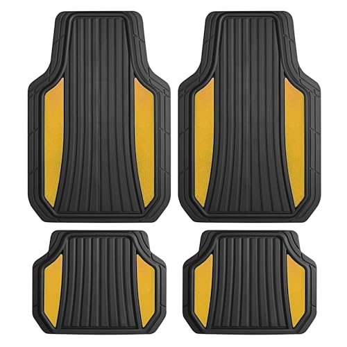 Motor Trend ChromeTech Car Floor Mats Full Set - Durable Rubber Floor Mats for Cars with Two Tone Accent, All Weather Interior Protection for Front and Rear with Non-Slip Backing, Black/Gold