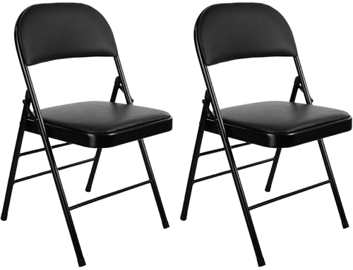 Nyxi 2 X Folding Chairs with Padded Paris Faux Leather Seats, Metal Frame, Foldable Chair Home Office Dinning, Multi-Purpose Indoor & Outdoor (Black Leather PVC, 2 X Chairs)