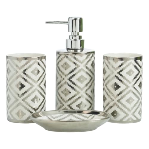 Image of Kookee Ceramic Bathroom Accessories Set of 4, Modern Bath Set with Liquid handwash Soap Dispenser and Toothbrush Holder, Luxury Gift Accessory for Home (12229)
