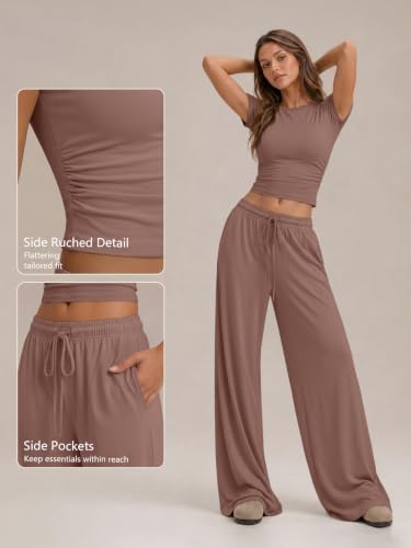 Image of Trendy Queen Women's 2 Piece Matching Summer Lounge Set with Pockets | Vacation Airport Travel Outfits, Workout Gym Clothing Comfy Athleisure Clothes, Side-ruched Top, Drawstring Wide Leg Pants