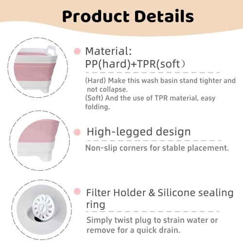 Image of GIMWA Collapsible Wash Basin for Baby Bottles - 2.4 Gallons Portable Wash Bin for RV Camping Sink, Space-Saving Dish Tub (Pink)