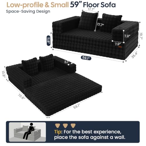 Image of COMAX Futon Sofa Bed, Convertible Sofa Bed, Folding Boneless Couches | Low-Profile Boneless Couch for Living Room, 11.8 inch H Low Seat Small 59 inch Foldable Floor Sleeper Mattress Lounge Space‑Saving