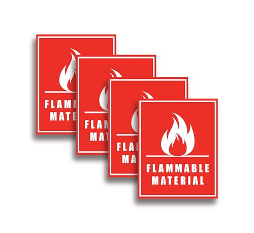 (4 pack) Flammable Material Warning Stickers – 4''x5'' inch Vinyl Safety Labels | Waterproof, Weatherproof Adhesive Signs for Hazardous Area, Chemical Storage, Workplace & Warehouse Use