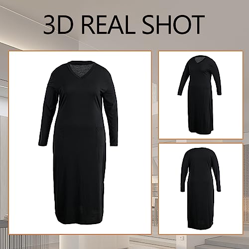 Image of Women's Oversized Tshirt Dresses Lounge Dress Maxi Long Sleeve Plus Size Outfits with Pockets Black XL