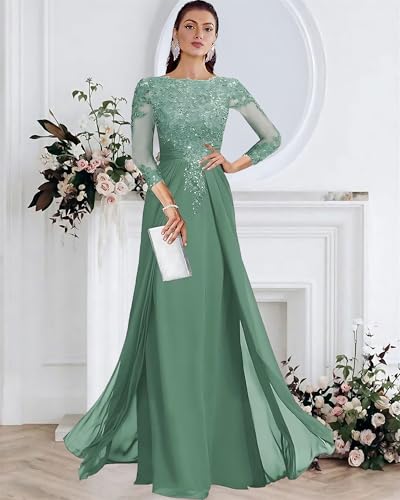 Lace Applique Mother of The Bride Dresses for Wedding 3/4 Sleeve Chiffon Mother of The Groom Formal Evening Gown4
