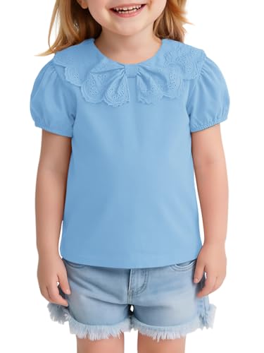 Toddler Girl Lace Peter Pan Collar T Shirts Baby Kids Cute Puff Short Sleeve Blouse Casual Tees Tops 9M-8Y Sky Blue