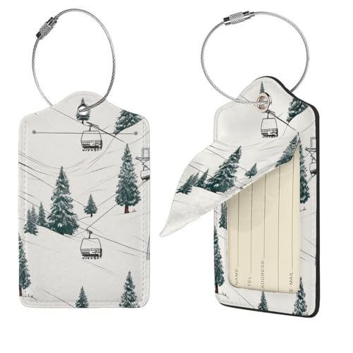 Ski Lift with Fir Tree Luggage Tags for Suitcases, 4 PCS PU Leather Suitcase Tags Identifiers with Stainless Steel Loop, Privacy Cover ID Label with Address Card, Travel Essentials Bag Tag