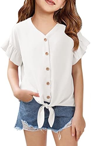 Girls Short Sleeve Shirts V Neck Ruffle Tie Front Knot Tops Button Cute Tunic Shirts Blouse White