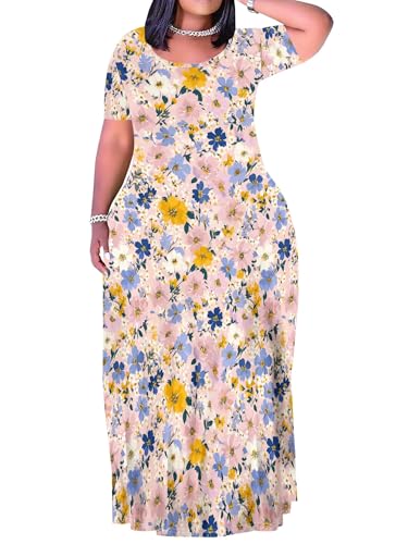 Image of PinkPatty Plus Size Dress for Women Casual Crew Neck Short Sleeve Maxi Dress Oversized Summer Beach Dresses with Pockets