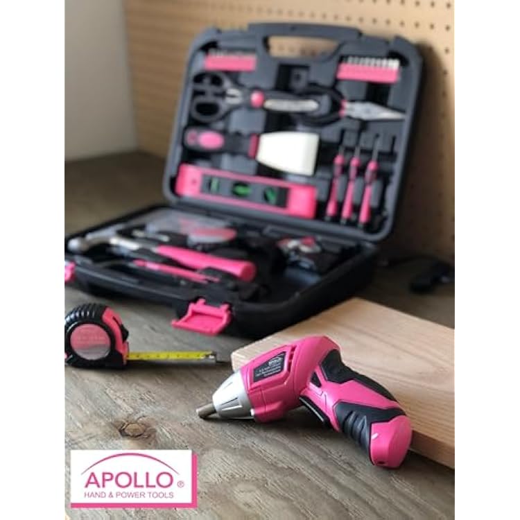 Apollo Tools 135 Piece Household Pink Hand Tools Set with Pivoting Dual-Angle 3.6 V Lithium-Ion Cordless Screwdriver - DT0773N1