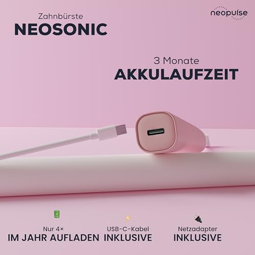 Neosonic® – Elektrische Schallzahnbürste, Laufzeit 3 Monate – 15 Modi – wiederaufladbar USB-C – Timer 2 Minuten – 2 Köpfe enthalten – 2 Jahre Garantie – Schallbürste, Rosa NEOPULSE – Bild 5