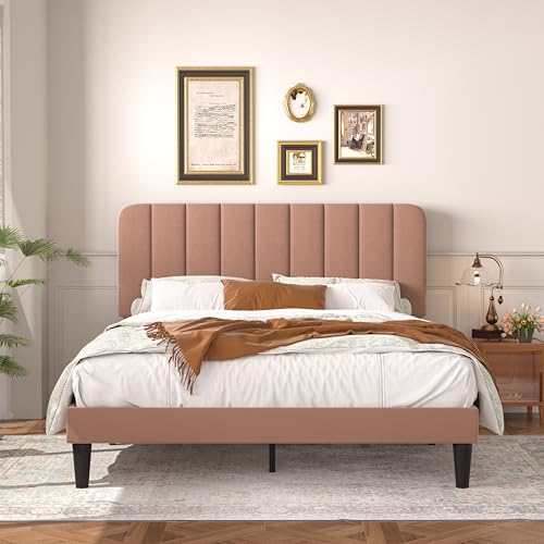 VECELO Queen Size Bed Frame with Adjustable Headboard, Velvet Heavy Duty Platform Beds with Strong Wood Slats Support, No Box Spring Needed, Coffee