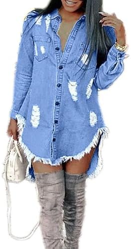 Women's Ripped Denim Shirt Dress Casual Long Sleeve Button Down I...