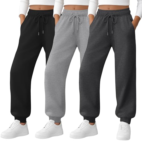 LessonZoo 3 Pack Girl's Sweatpant Active Joggers Athletic Casual Drawstring Tapered Pants Kids with Pockets(Black, Gray, Dark Gray,XX-Large)
