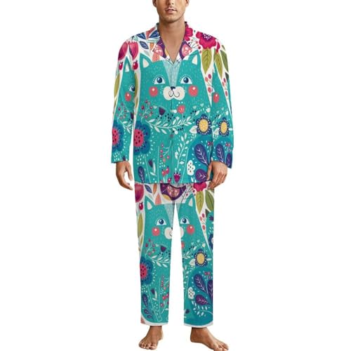 Nugier Men Milk Silk Pajama Set Long Sleeve Satin PJs 2 PCs Shirt & Short (S-3XL)