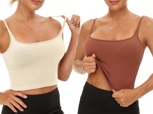 Chilylori Seamless Sports Bra Cropped Tank Top with Adjustable Straps Workout Tops Ribbed Sports Bra for Women 2 Pack2