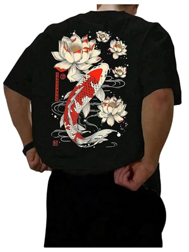 QJQ Mens Letter Graphic Tees Short Sleeve Crewneck T Shirts Trendy Streetear Tops Vintage Japanese Koi Shirts Black Medium