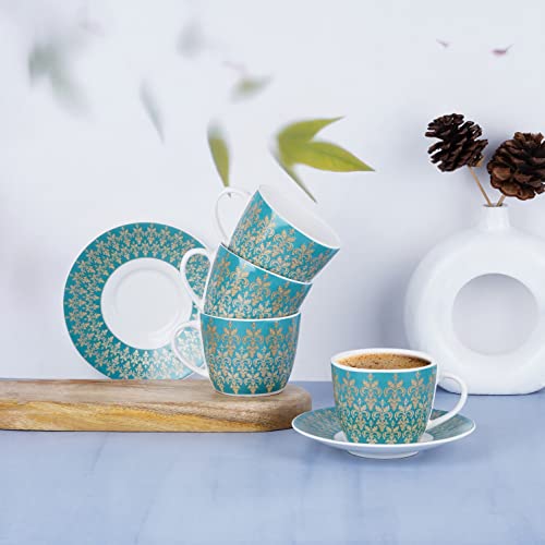 Image of Dandy Lines Royal Cups and Saucers Set, Persian Blue with Pure Gold, Ceramic, Pack of 12, Microwave & Dishwasher Safe, Great for Hosting & Gifting