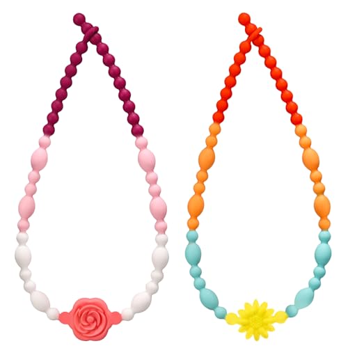 Teething Necklace for Baby, One-Piece Safety Design for Toddler, Chew Necklaces for Sensory Kids Adults with Autism, ADHD, Fidget, Biting, Anxiety - Flower Chew Jewelry Toys for Teething Relief