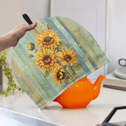 Image of Hudotybom Wood Sunflower Tea Cozy for Teapot Insulated Large Teapot Cover to Keep Warm Tea Kettle Cover Machine Washable Coffee Pot Cloth Covers Kitchen Home Decorations for Housewife Mom