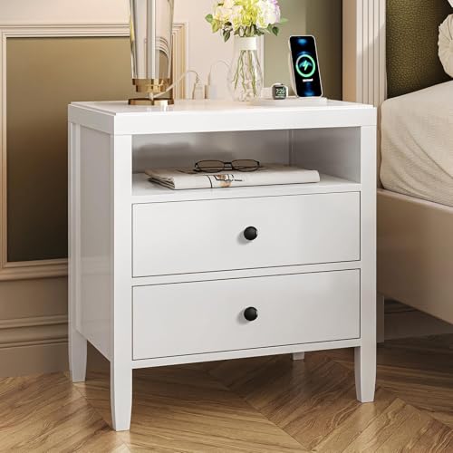 Image of Huuger Nightstand with Charging Station, White Nightstand with 2 Drawers