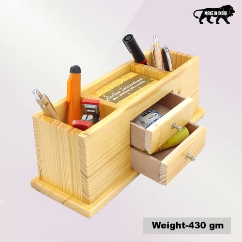 Image of WOOD HOUSE Wooden Double Pen Stand, Visiting Card Holder with Double Drawer for Office Table, School Table, Reception Desk, Wooden Pen Stand for Home Diwali, New Year Festival Gifts