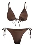 ZAFUL Women's Tie Side Shiny Triangle Bikini Set Stretch Silk High Cut Tanga Swimwear