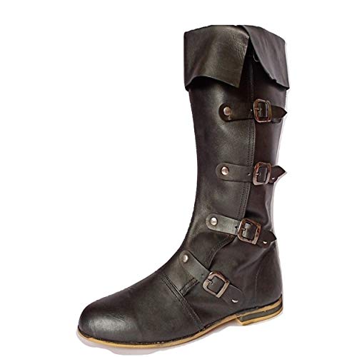 Image of AnNafi Medieval Leather Boots 4 Buckle | Renaissance Loafer Long Boot Pirate Costume Viking Mens Shoes SCA LARP Riding