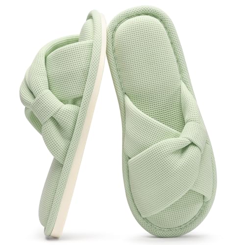 Image of Evshine Summer House Slippers for Women Corduroy Cross Bow Indoor Slippers Open Toe Slip On Bedroom Shoes with Memory Foam