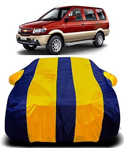 Image of Waterproof Car Cover with Ultra Surface Body Protection (Yellow Stripes) Suitable for (Chevrolet Tavera)
