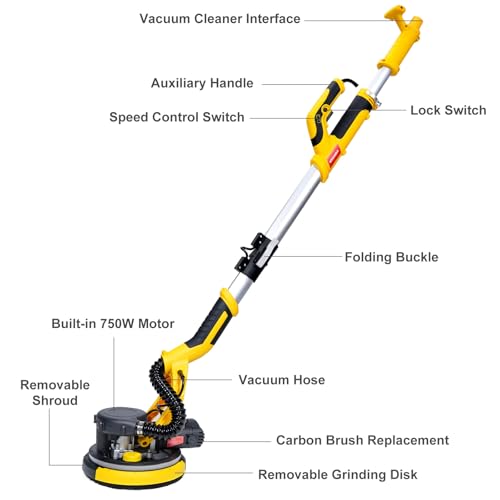 Miniatura 9 de Hychika Lijadora Pared Con Aspirador, Mango Plegable Extensible, Lijadora Jirafa Con Luz Led, Velocidad De 6 Marchas, Diámetro Del Disco De Molienda 214 Mm